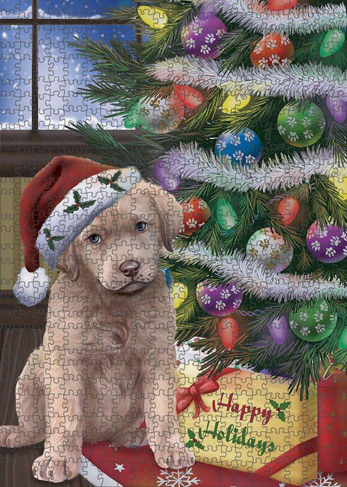 Christmas Happy Holidays Chesapeake Bay Retriever Dog with Tree and Presents Puzzle with Photo Tin PUZL82424