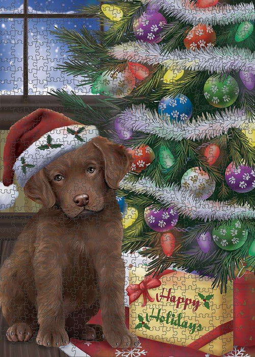 Christmas Happy Holidays Chesapeake Bay Retriever Dog with Tree and Presents Puzzle with Photo Tin PUZL82428
