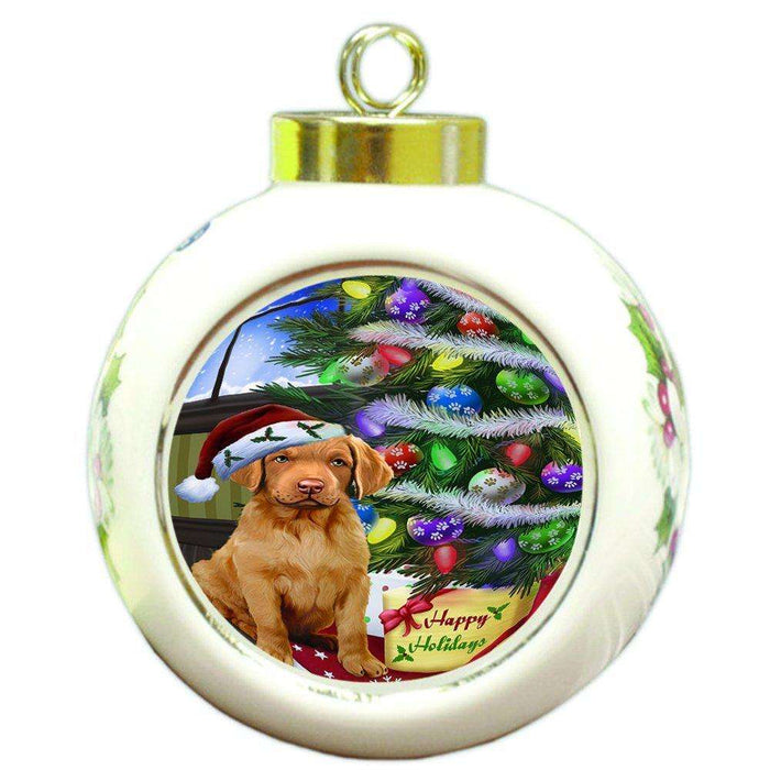 Christmas Happy Holidays Chesapeake Bay Retriever Dog with Tree and Presents Round Ball Ornament D046