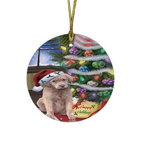 Christmas Happy Holidays Chesapeake Bay Retriever Dog with Tree and Presents Round Flat Christmas Ornament RFPOR53808
