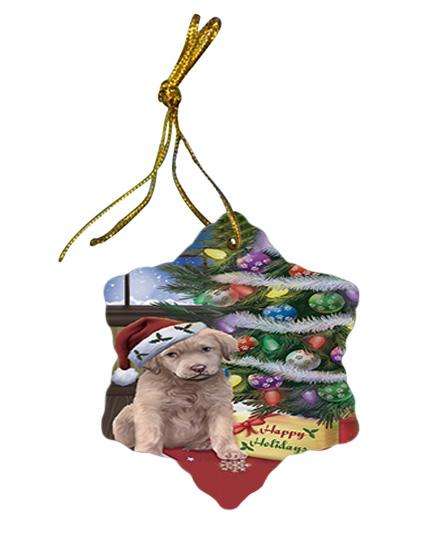 Christmas Happy Holidays Chesapeake Bay Retriever Dog with Tree and Presents Star Porcelain Ornament SPOR53808