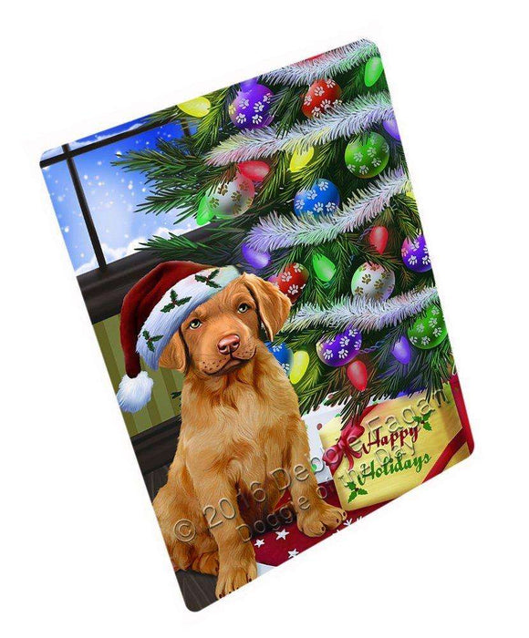 Christmas Happy Holidays Chesapeake Bay Retriever Dog with Tree and Presents Tempered Cutting Board (Small)