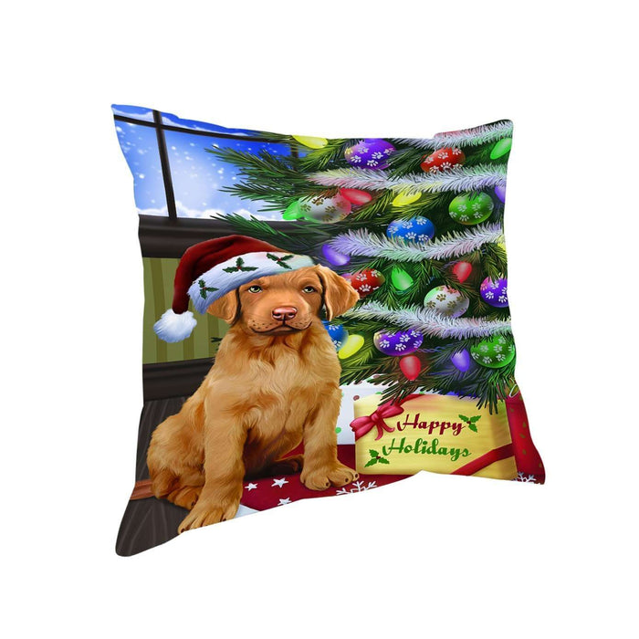Christmas Happy Holidays Chesapeake Bay Retriever Dog with Tree and Presents Throw Pillow