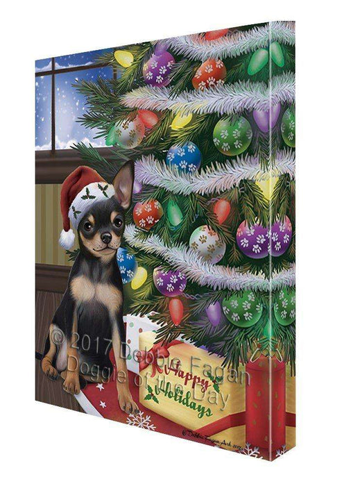 Christmas Happy Holidays Chihuahua Dog with Tree and Presents Canvas Wall Art