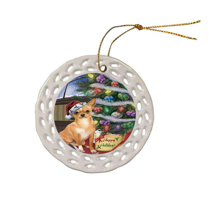 Christmas Happy Holidays Chihuahua Dog with Tree and Presents Ceramic Doily Ornament DPOR53819