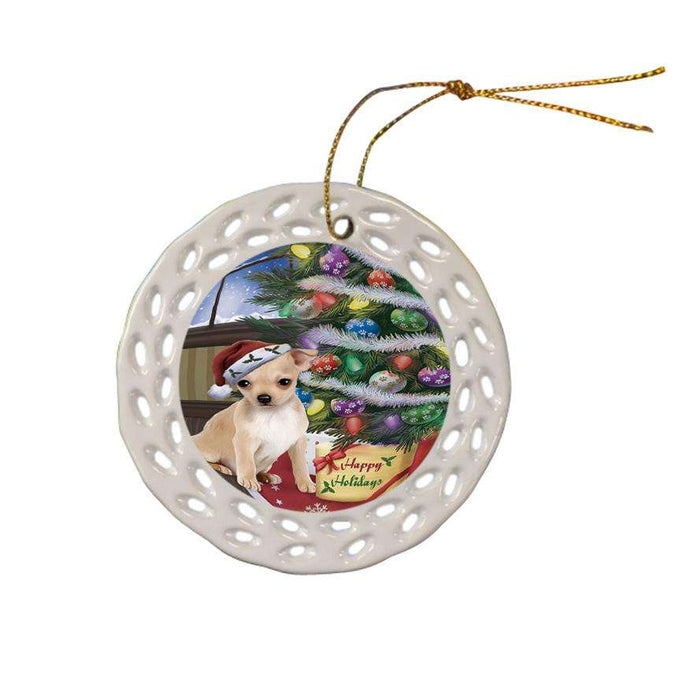 Christmas Happy Holidays Chihuahua Dog with Tree and Presents Ceramic Doily Ornament DPOR53820