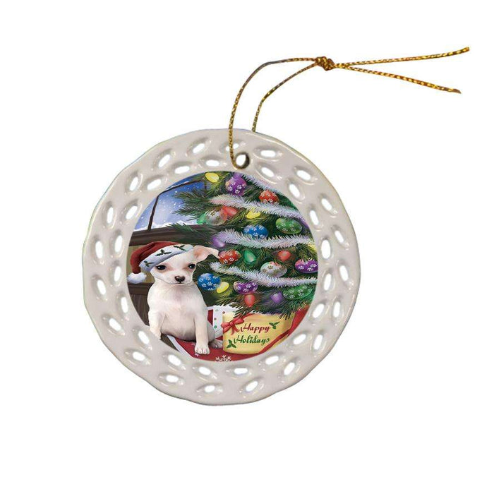 Christmas Happy Holidays Chihuahua Dog with Tree and Presents Ceramic Doily Ornament DPOR53821