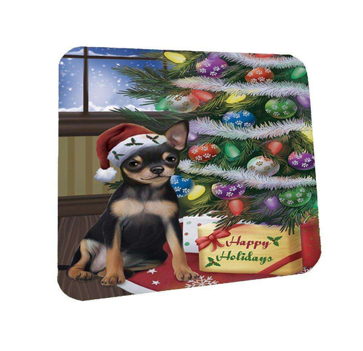 Christmas Happy Holidays Chihuahua Dog with Tree and Presents Coasters Set of 4
