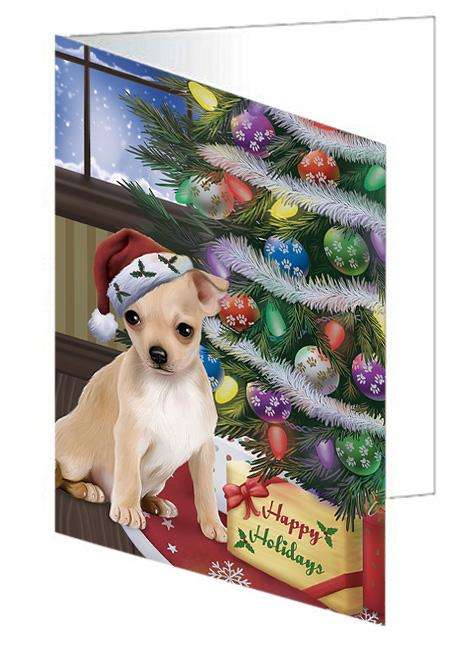 Christmas Happy Holidays Chihuahua Dog with Tree and Presents Handmade Artwork Assorted Pets Greeting Cards and Note Cards with Envelopes for All Occasions and Holiday Seasons GCD65489
