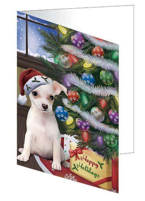 Christmas Happy Holidays Chihuahua Dog with Tree and Presents Handmade Artwork Assorted Pets Greeting Cards and Note Cards with Envelopes for All Occasions and Holiday Seasons GCD65492