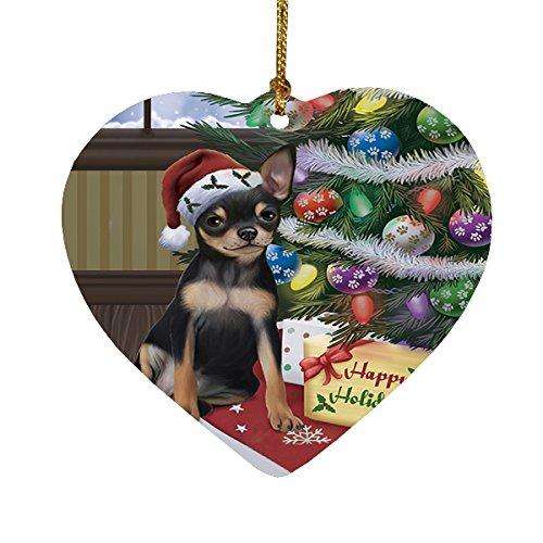 Christmas Happy Holidays Chihuahua Dog with Tree and Presents Heart Ornament
