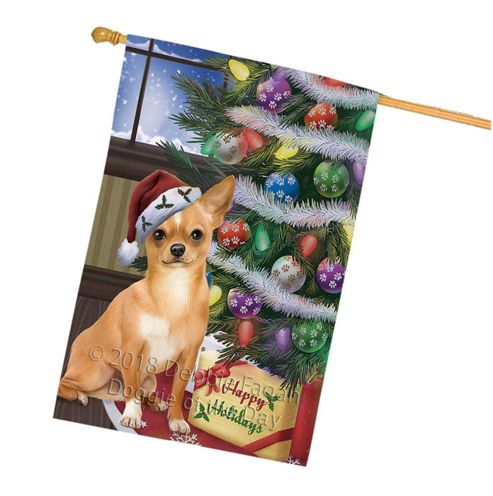 Christmas Happy Holidays Chihuahua Dog with Tree and Presents House Flag FLG54017