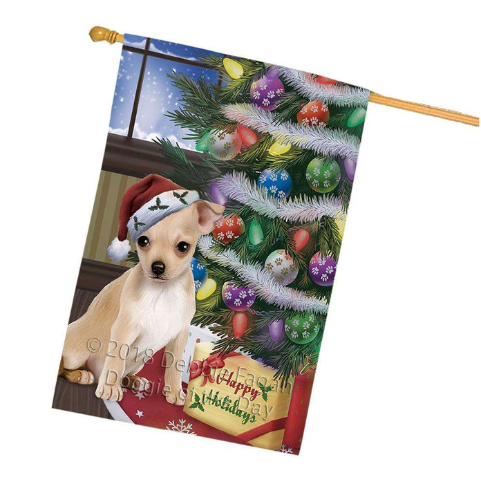 Christmas Happy Holidays Chihuahua Dog with Tree and Presents House Flag FLG54018