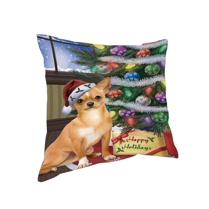 Christmas Happy Holidays Chihuahua Dog with Tree and Presents Pillow PIL71900