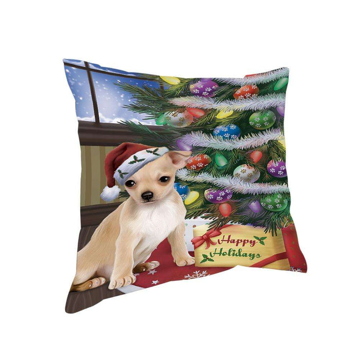 Christmas Happy Holidays Chihuahua Dog with Tree and Presents Pillow PIL71904
