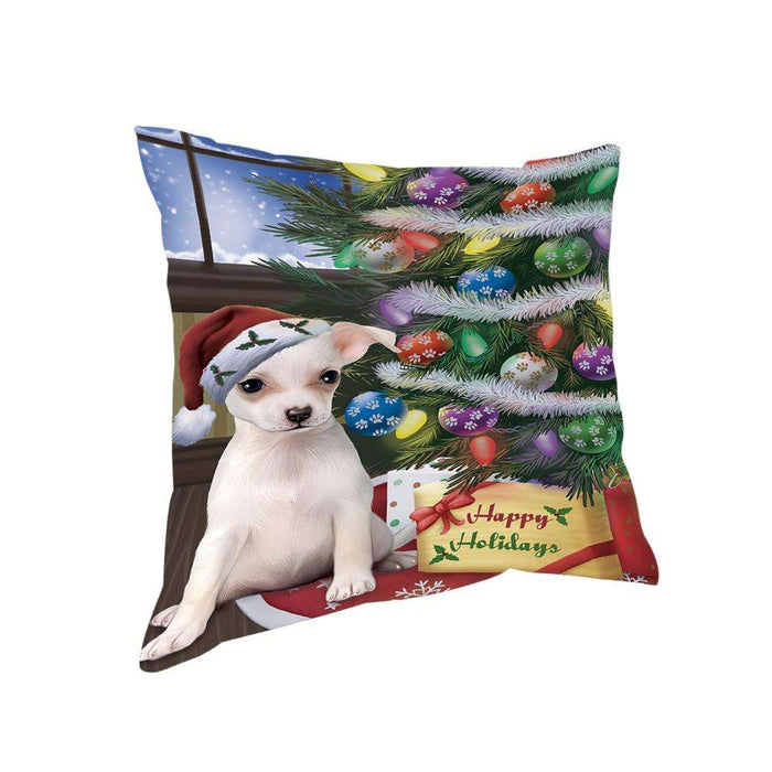 Christmas Happy Holidays Chihuahua Dog with Tree and Presents Pillow PIL71908
