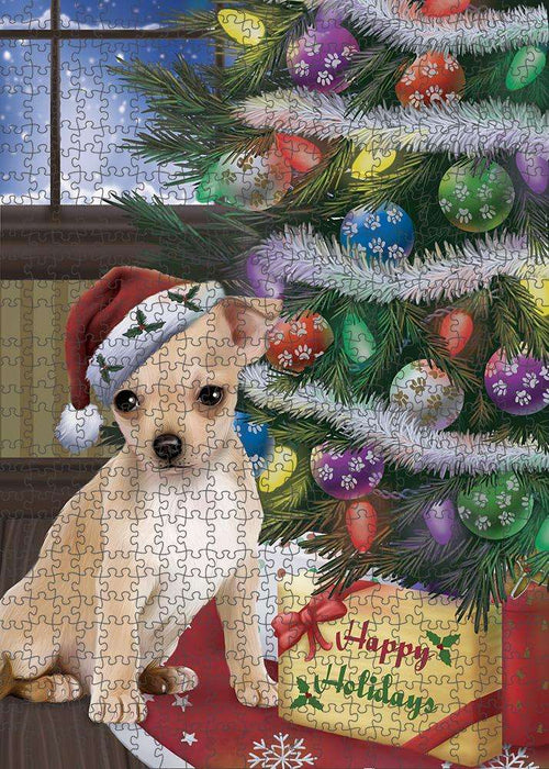 Christmas Happy Holidays Chihuahua Dog with Tree and Presents Puzzle with Photo Tin PUZL82436