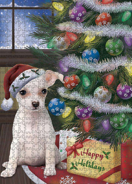 Christmas Happy Holidays Chihuahua Dog with Tree and Presents Puzzle with Photo Tin PUZL82440