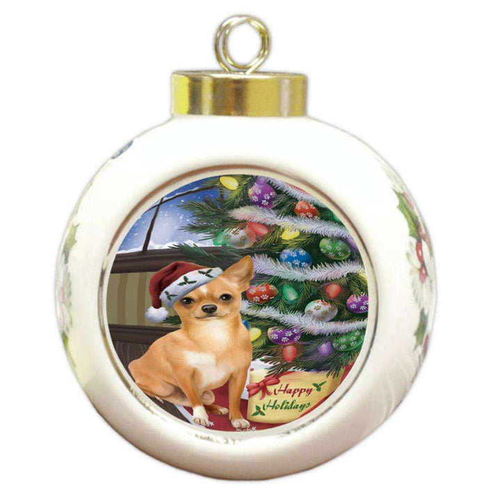 Christmas Happy Holidays Chihuahua Dog with Tree and Presents Round Ball Christmas Ornament RBPOR53819