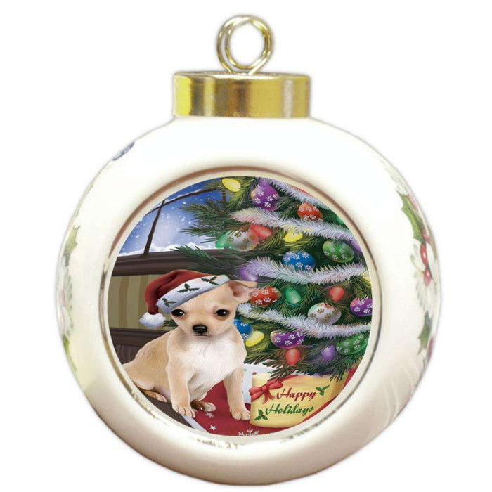 Christmas Happy Holidays Chihuahua Dog with Tree and Presents Round Ball Christmas Ornament RBPOR53820