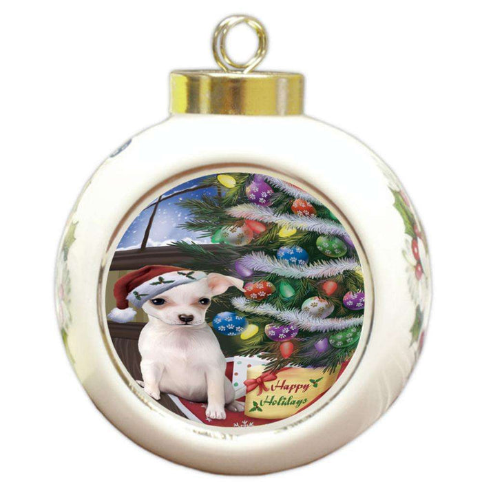 Christmas Happy Holidays Chihuahua Dog with Tree and Presents Round Ball Christmas Ornament RBPOR53821