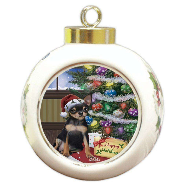 Christmas Happy Holidays Chihuahua Dog with Tree and Presents Round Ball Ornament