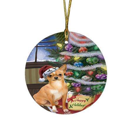 Christmas Happy Holidays Chihuahua Dog with Tree and Presents Round Flat Christmas Ornament RFPOR53810