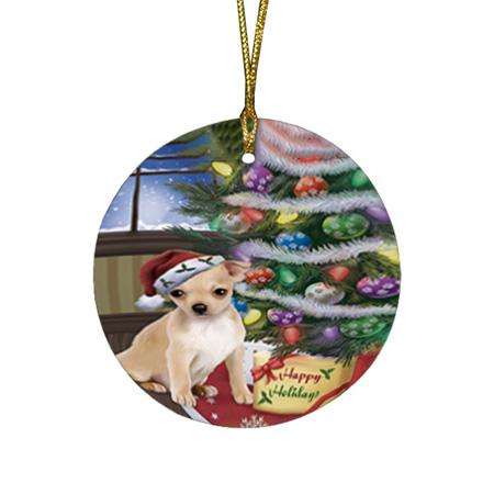 Christmas Happy Holidays Chihuahua Dog with Tree and Presents Round Flat Christmas Ornament RFPOR53811