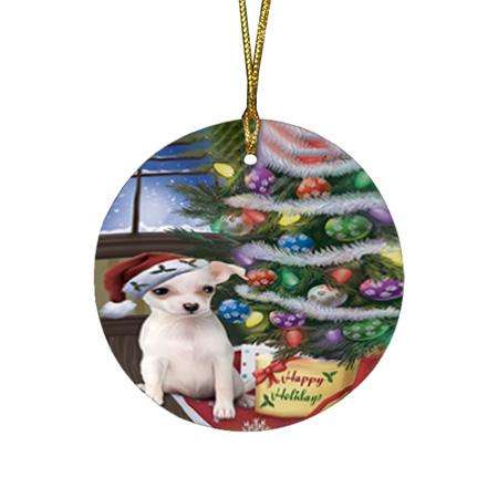 Christmas Happy Holidays Chihuahua Dog with Tree and Presents Round Flat Christmas Ornament RFPOR53812