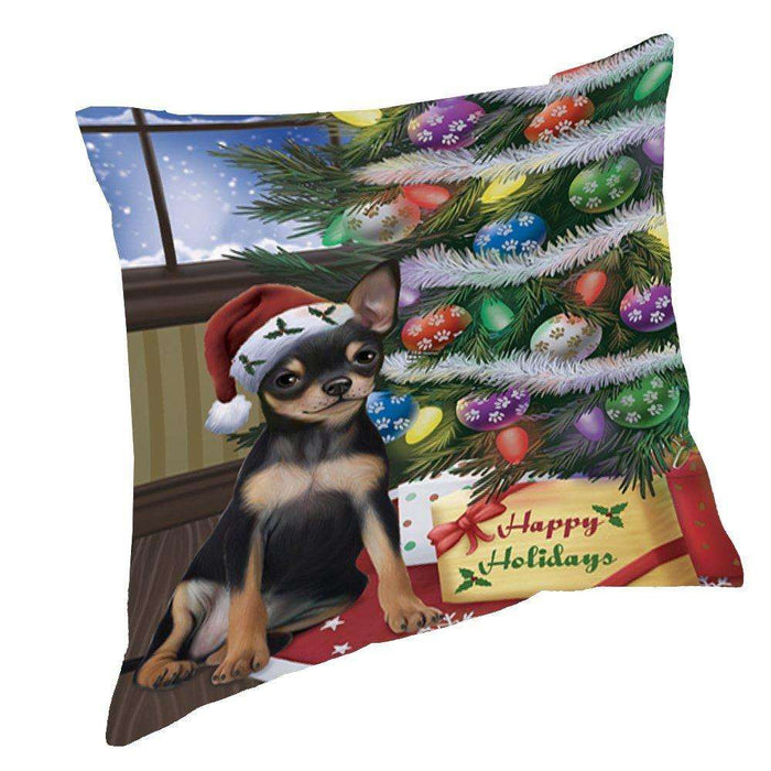 Christmas Happy Holidays Chihuahua Dog with Tree and Presents Throw Pillow