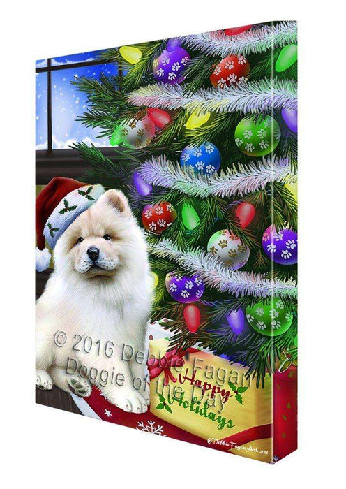 Christmas Happy Holidays Chow Chow Dog with Tree and Presents Canvas Wall Art
