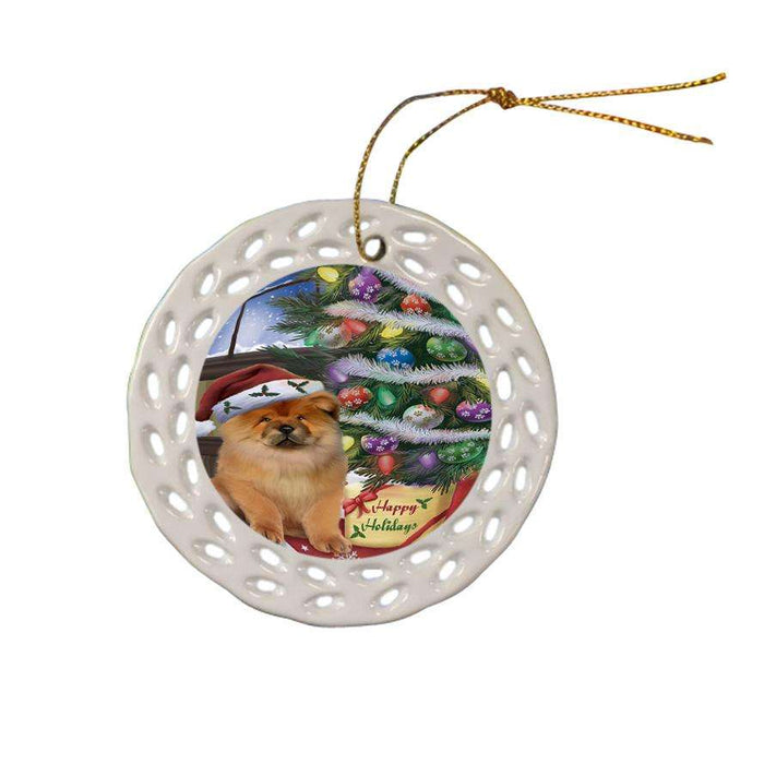 Christmas Happy Holidays Chow Chow Dog with Tree and Presents Ceramic Doily Ornament DPOR53823