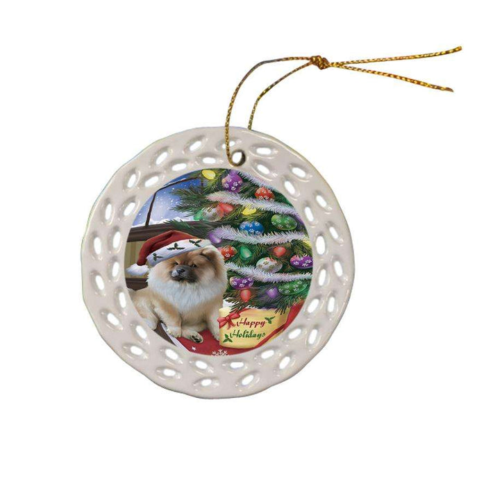 Christmas Happy Holidays Chow Chow Dog with Tree and Presents Ceramic Doily Ornament DPOR53824