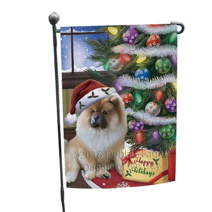 Christmas Happy Holidays Chow Chow Dog with Tree and Presents Garden Flag GFLG53886