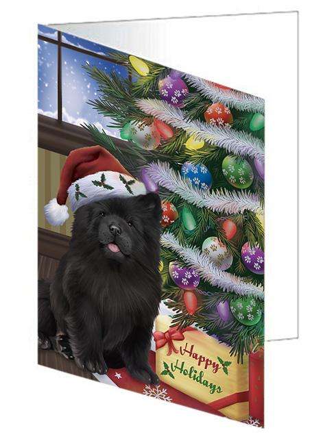 Christmas Happy Holidays Chow Chow Dog with Tree and Presents Handmade Artwork Assorted Pets Greeting Cards and Note Cards with Envelopes for All Occasions and Holiday Seasons GCD65495