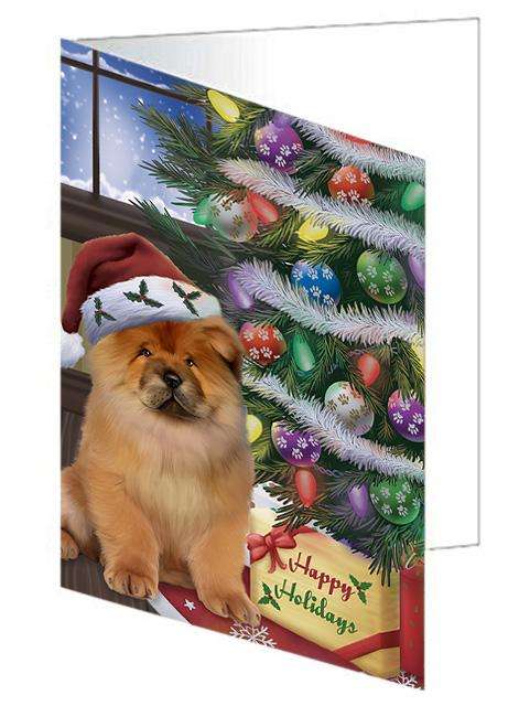 Christmas Happy Holidays Chow Chow Dog with Tree and Presents Handmade Artwork Assorted Pets Greeting Cards and Note Cards with Envelopes for All Occasions and Holiday Seasons GCD65498