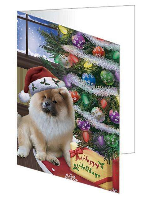 Christmas Happy Holidays Chow Chow Dog with Tree and Presents Handmade Artwork Assorted Pets Greeting Cards and Note Cards with Envelopes for All Occasions and Holiday Seasons GCD65501