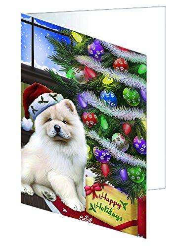 Christmas Happy Holidays Chow Chow Dog with Tree and Presents Handmade Artwork Assorted Pets Greeting Cards and Note Cards with Envelopes for All Occasions and Holiday Seasons