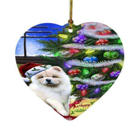 Christmas Happy Holidays Chow Chow Dog with Tree and Presents Heart Ornament D047