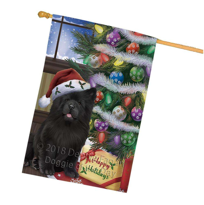 Christmas Happy Holidays Chow Chow Dog with Tree and Presents House Flag FLG54020