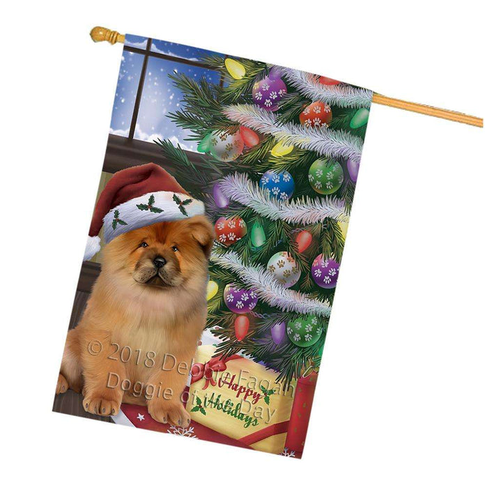 Christmas Happy Holidays Chow Chow Dog with Tree and Presents House Flag FLG54021