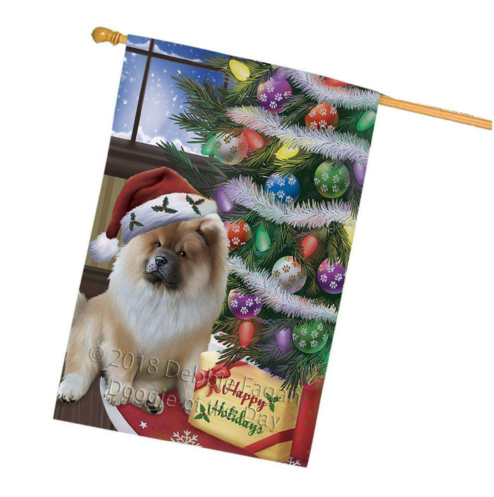 Christmas Happy Holidays Chow Chow Dog with Tree and Presents House Flag FLG54022