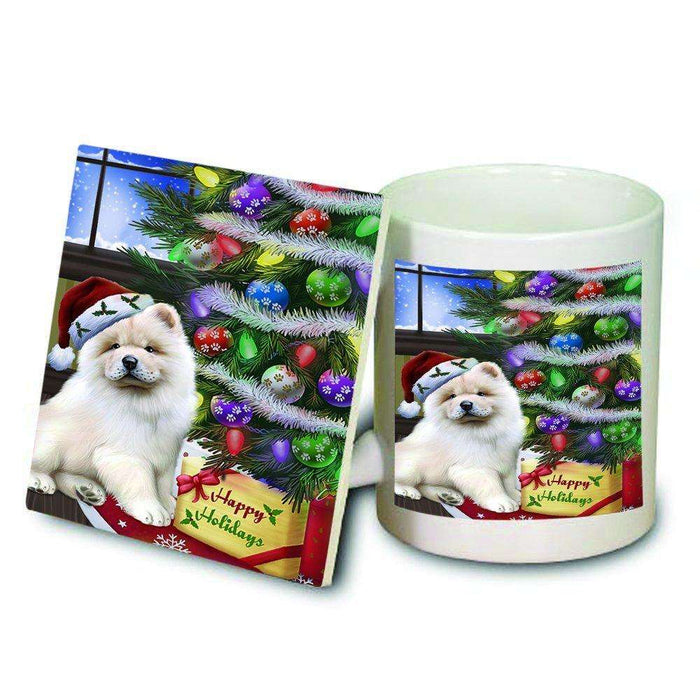 Christmas Happy Holidays Chow Chow Dog with Tree and Presents Mug and Coaster Set