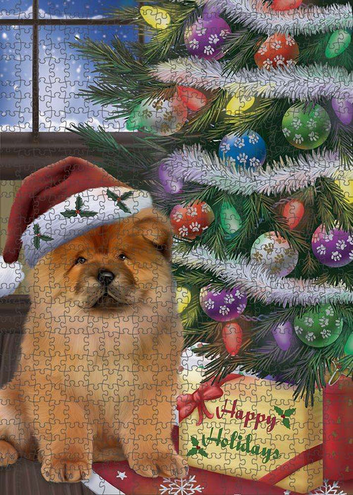 Christmas Happy Holidays Chow Chow Dog with Tree and Presents Puzzle  PUZL82448