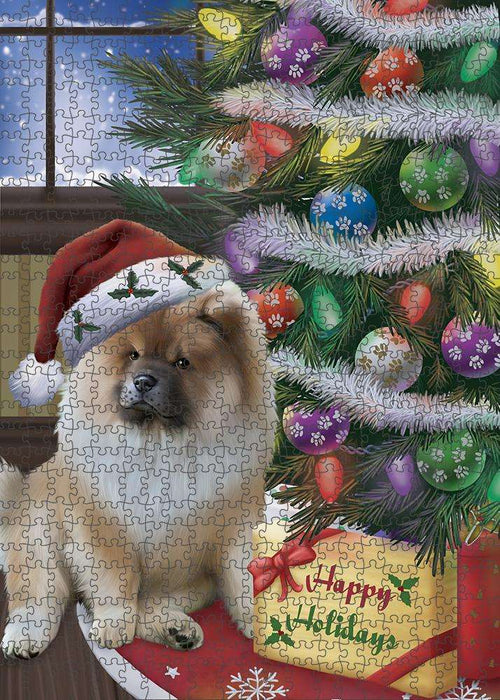 Christmas Happy Holidays Chow Chow Dog with Tree and Presents Puzzle with Photo Tin PUZL82452