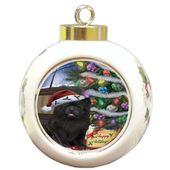 Christmas Happy Holidays Chow Chow Dog with Tree and Presents Round Ball Christmas Ornament RBPOR53822