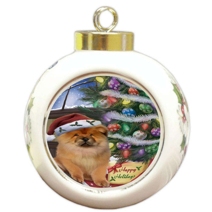 Christmas Happy Holidays Chow Chow Dog with Tree and Presents Round Ball Christmas Ornament RBPOR53823