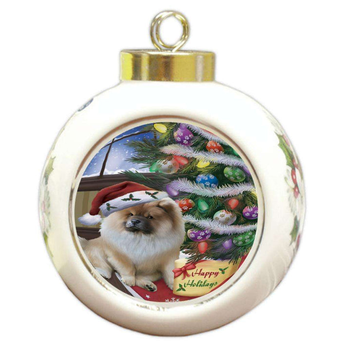 Christmas Happy Holidays Chow Chow Dog with Tree and Presents Round Ball Christmas Ornament RBPOR53824