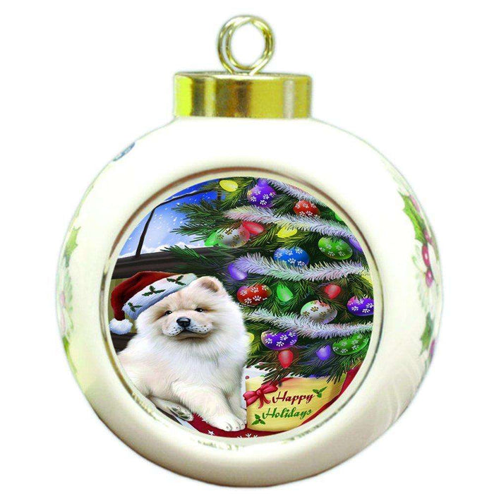 Christmas Happy Holidays Chow Chow Dog with Tree and Presents Round Ball Ornament D047