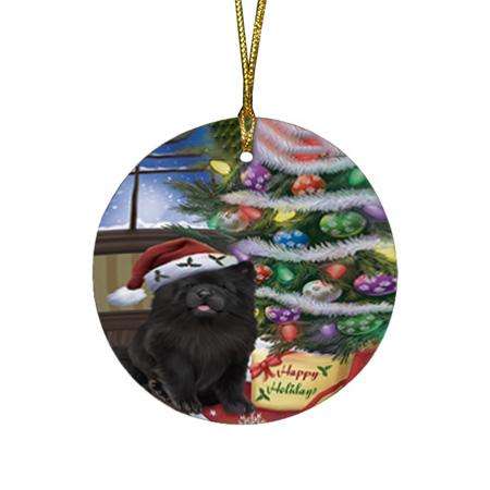 Christmas Happy Holidays Chow Chow Dog with Tree and Presents Round Flat Christmas Ornament RFPOR53813